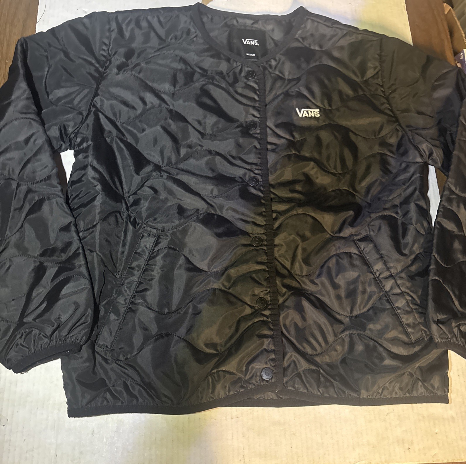 VANS Women’s Quilted Jacket Black Button Up Skater Logo Size Medium