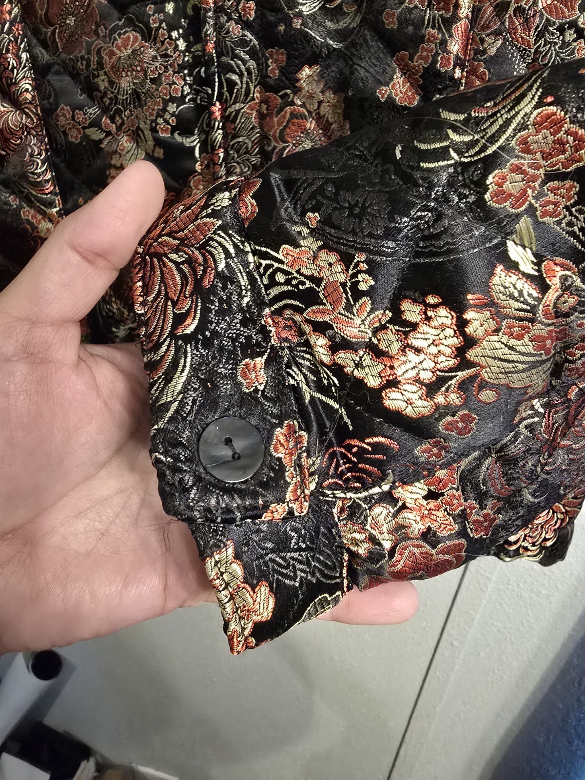 Chico’s Size 3 Quilted Floral Brocade Jacket XL Black Red Gold Metallic Zip Up