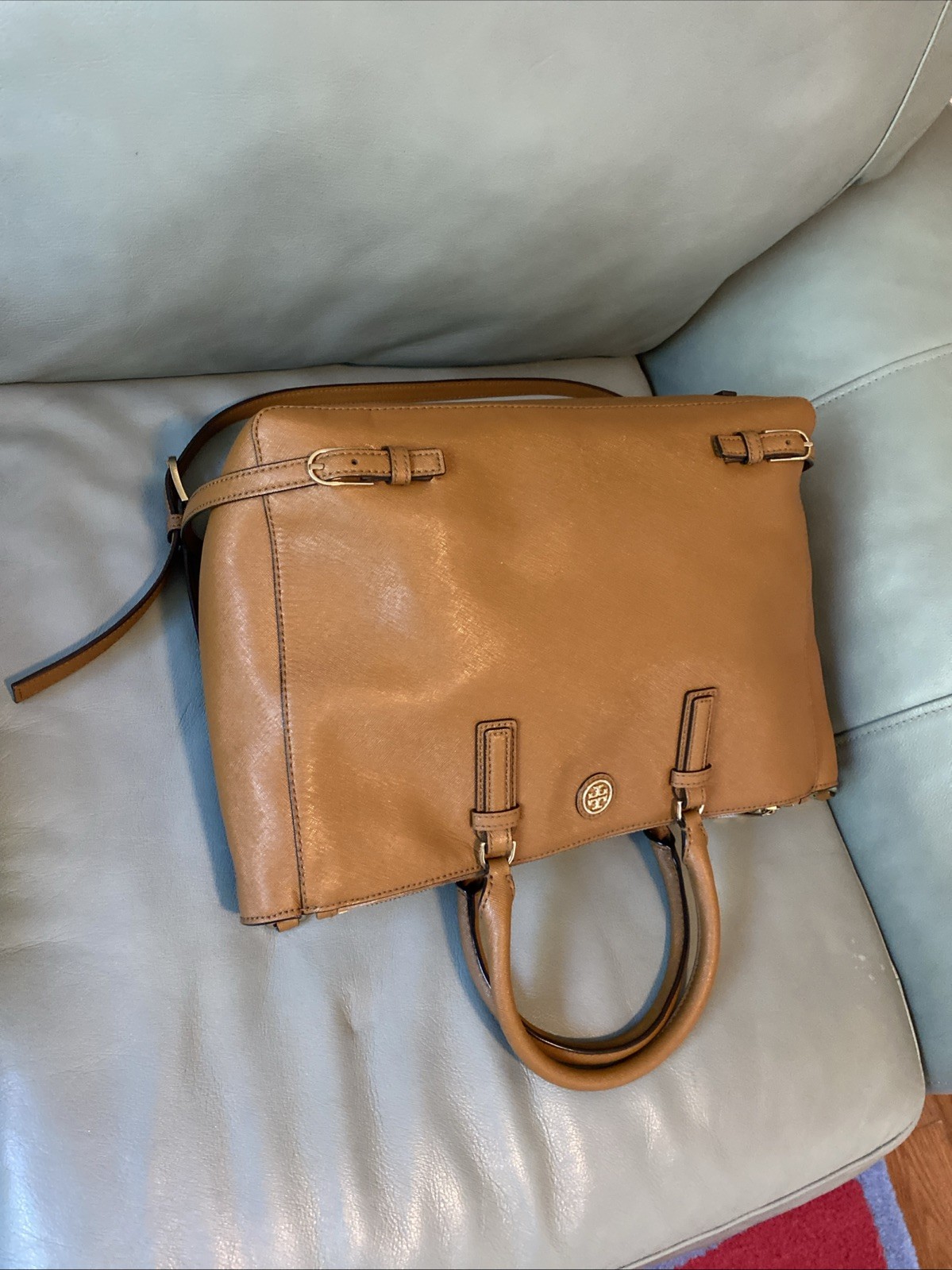Tory Burch Robinson Tigers Eye Tan/Brown Saffiano Leather Handbag Satchel Nice