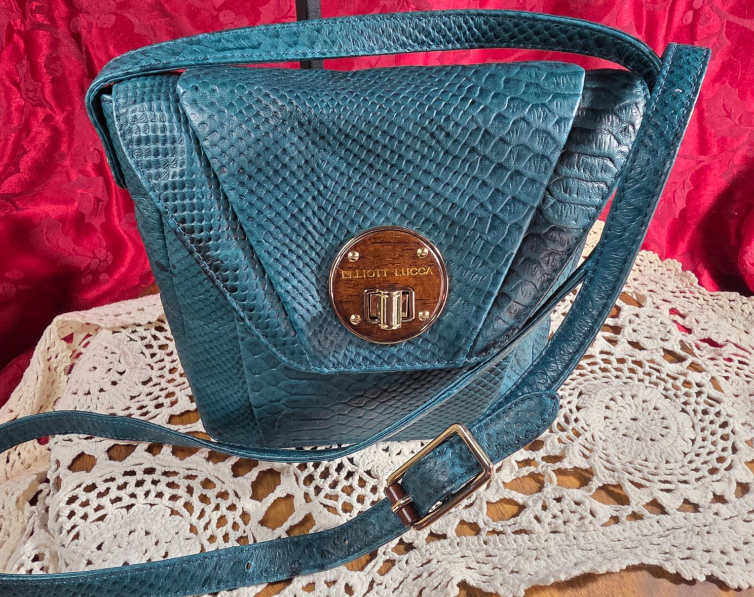 Elliott Lucca Alligator pressed leather bag Teal green Adjustable strap to 24″
