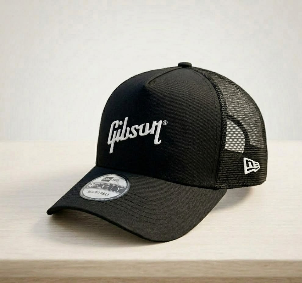 Gibson Guitar Embroidered Trucker Hat 9FORTY Style Mesh Back Cap One Size Black