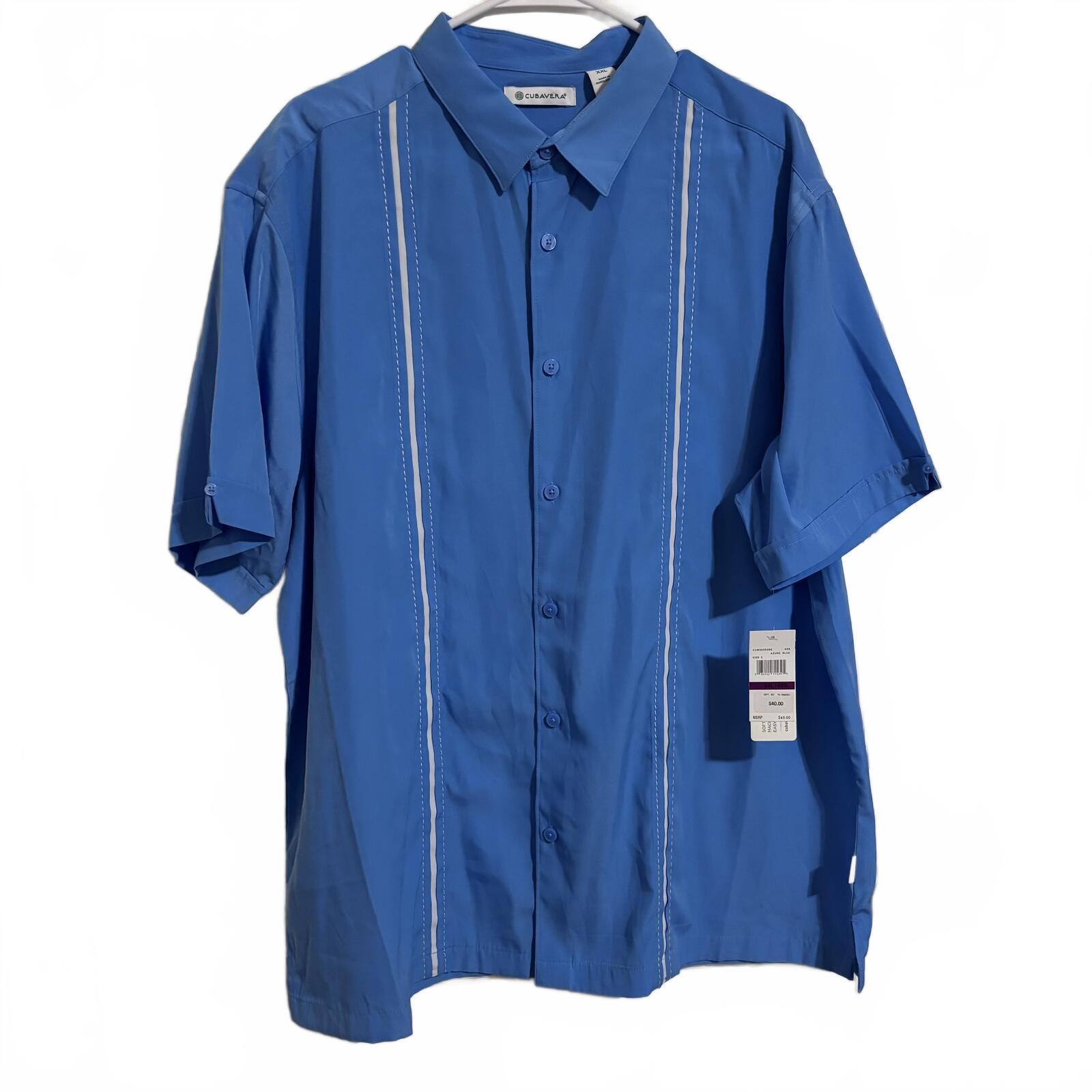 NWT Cubavera Mens XXL Blue Embroidered Panel Short Sleeve Camp Shirt Button Up