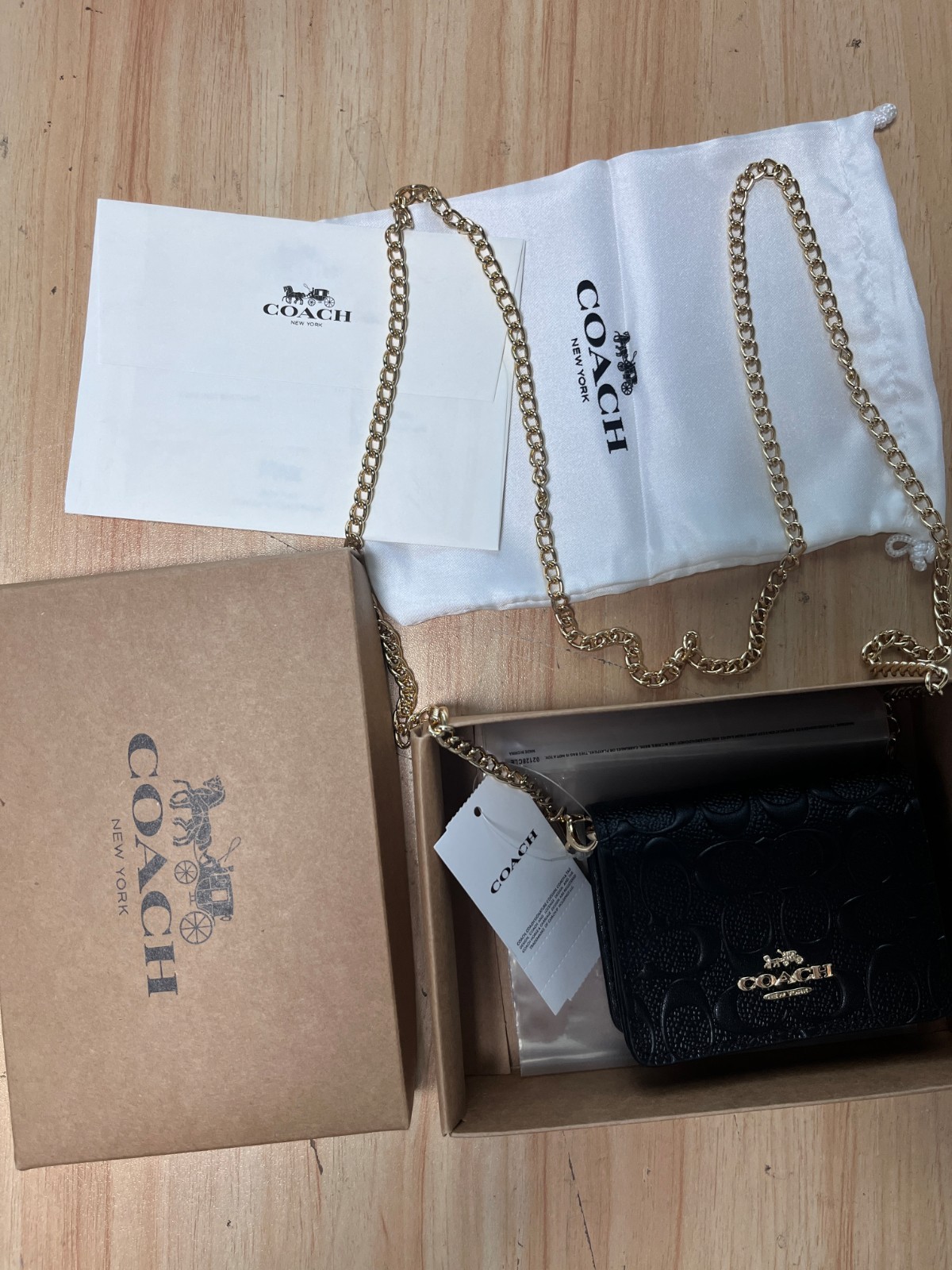 NEW Black COACH C7361 Mini Wallet on a Chain with In Signature Print Relief
