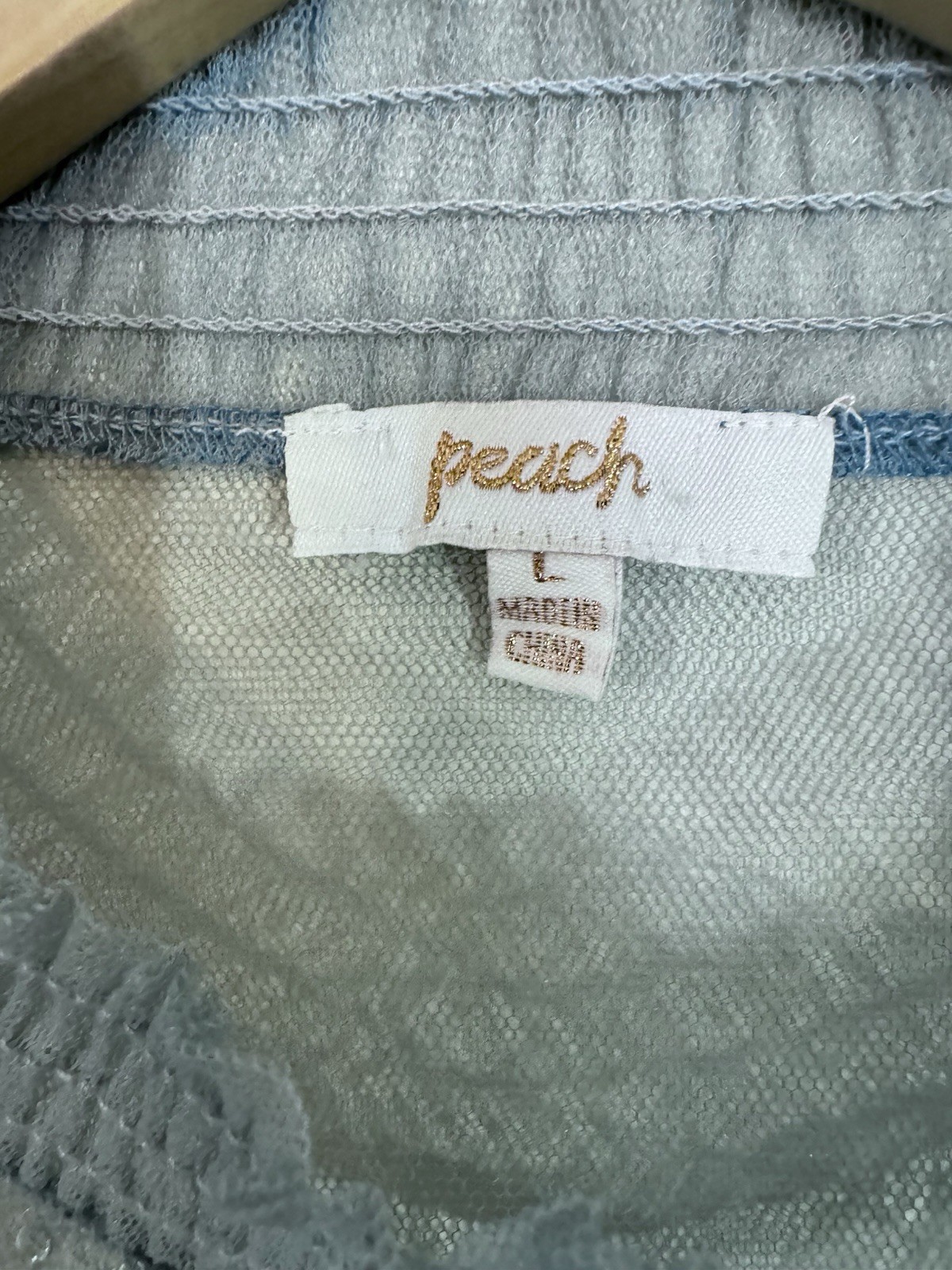 Peach Blue Solid Sheer Lace Mesh Mock Neck Balloon Sleeve Blouse Top L