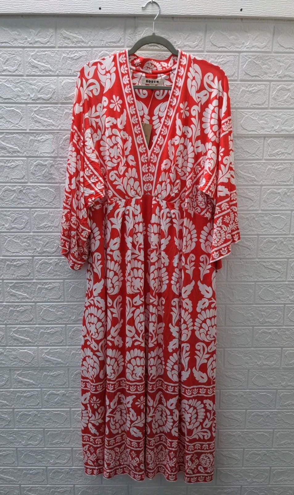 New Boden Nell Kimono Midi Jersey Dress Bright Cherry Ornate Floret Sz 20-22R