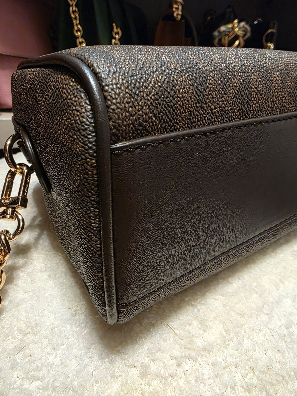 Michael Kors Blaire XS Duffle Crossbody Bag Brown Logo Zip Gold Chain + Charm