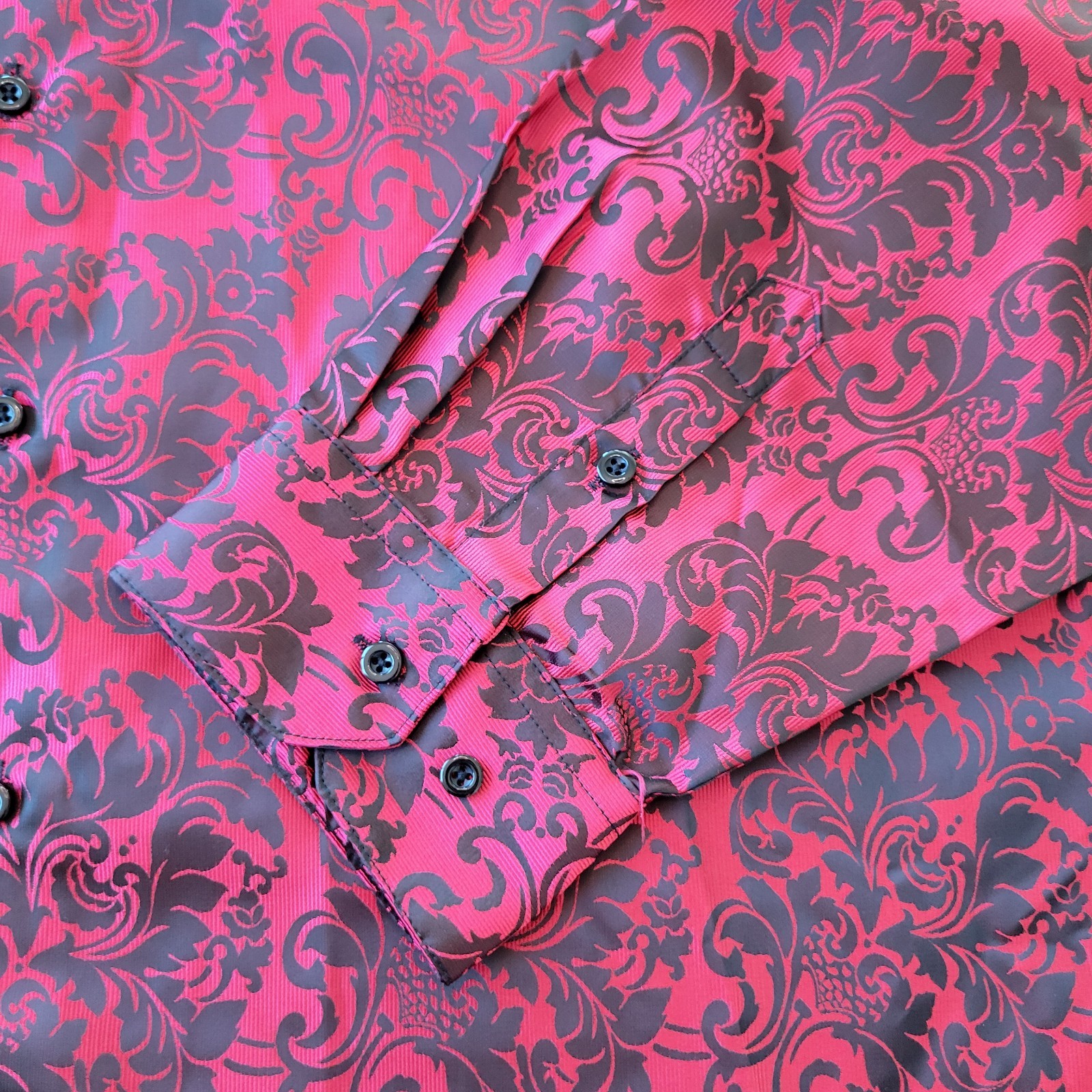 Barry Wang Long Sleeve Shirt 3XL Floral Red Black Metallic Shiny Silk Button Up