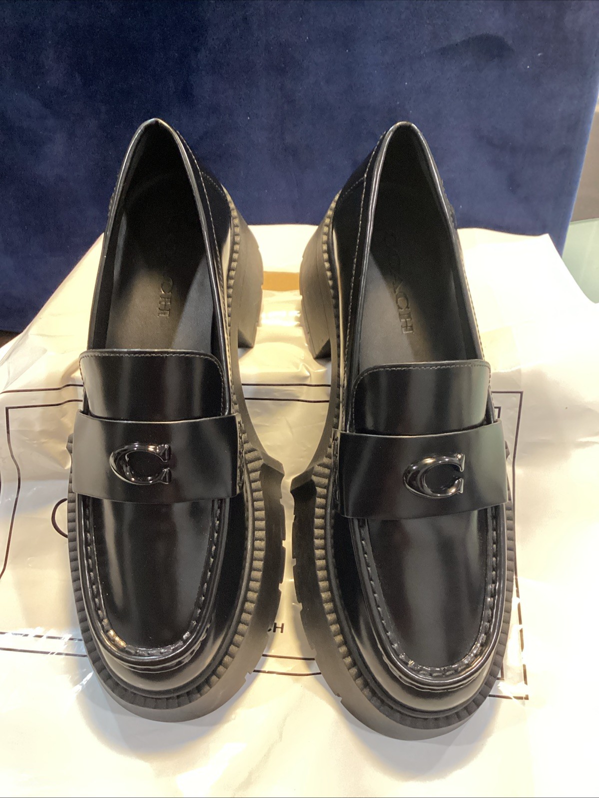 COACH Leah Platform Loafers Black Leather C Hardware Women’s 8US CZ382 NWOB