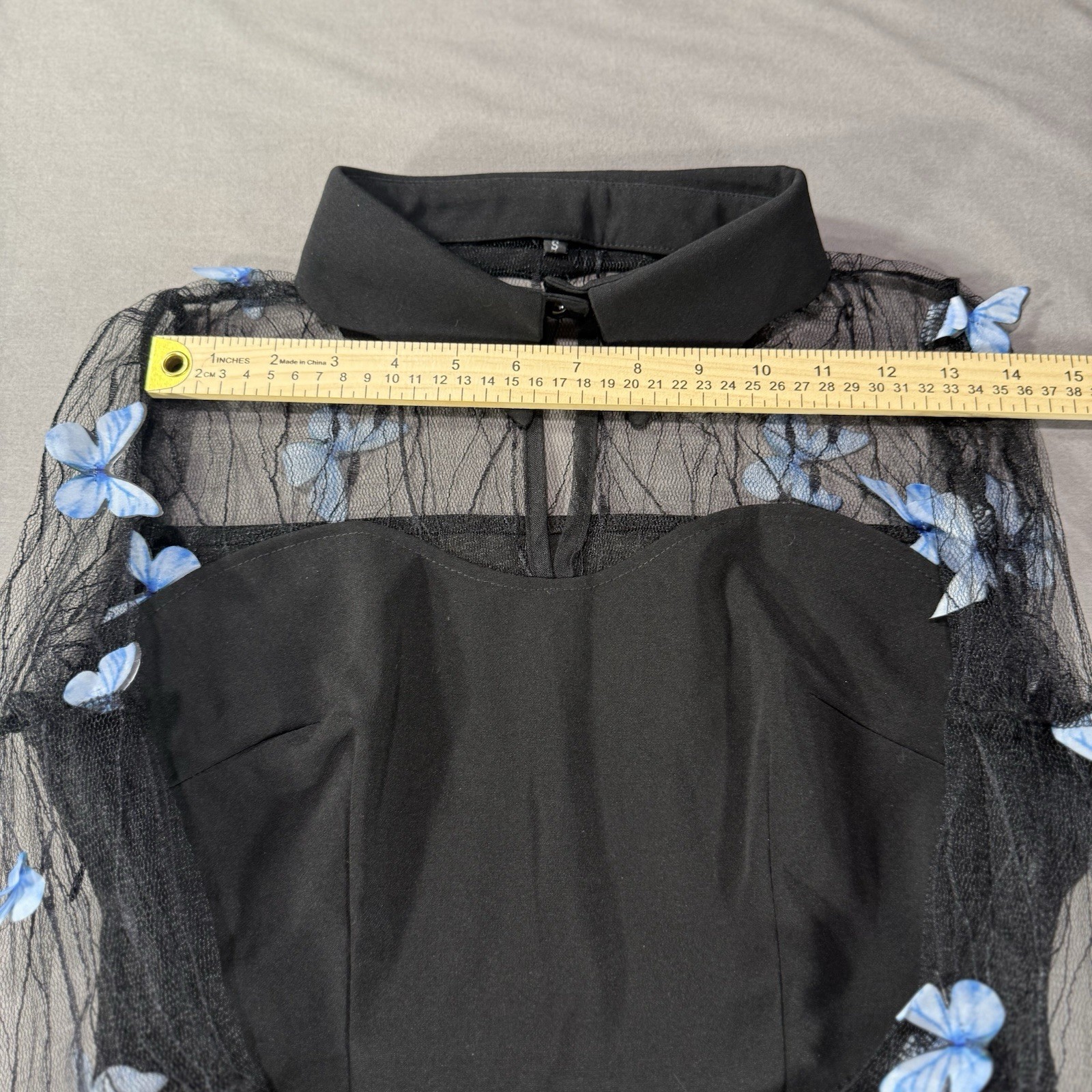 Vintage 50’s Rockabilly Swing Dress Embroidered Floral Mesh Bell Sleeve S