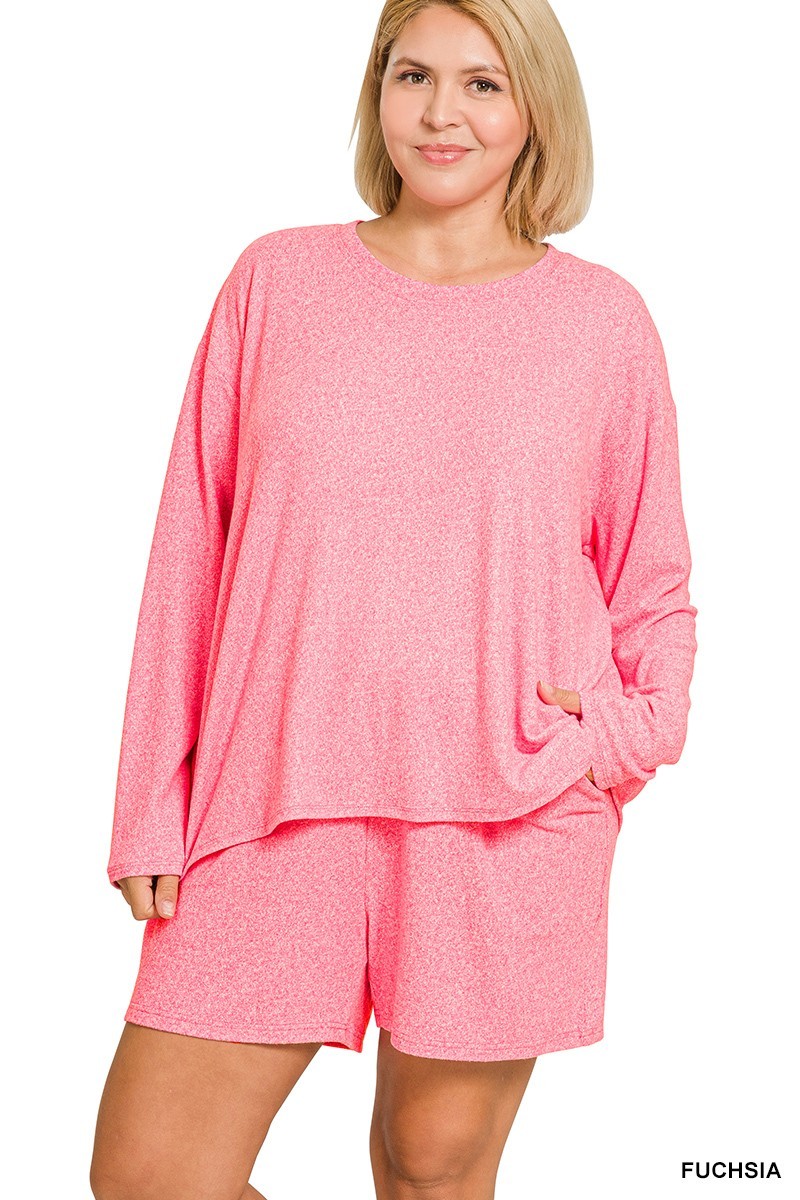 Zenana soft melange long sleeve tee & shorts set fuchsia 2x