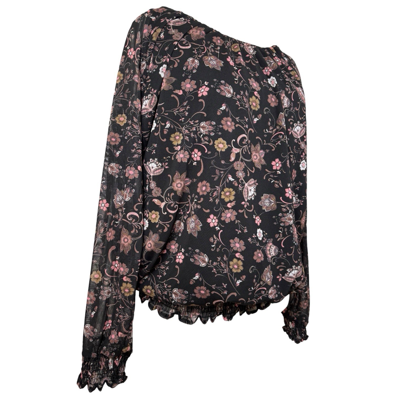 Joe Browns Sheer Floral Blouse Top Size 24 Black Long Sleeve Elastic Hem