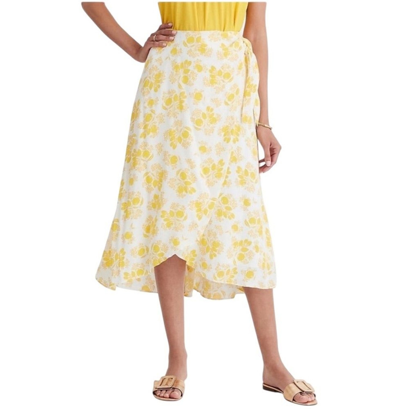 Ann Taylor Yellow Citrus Blossom Lemon Print Wrap Tie Knot Skirt- Size 4