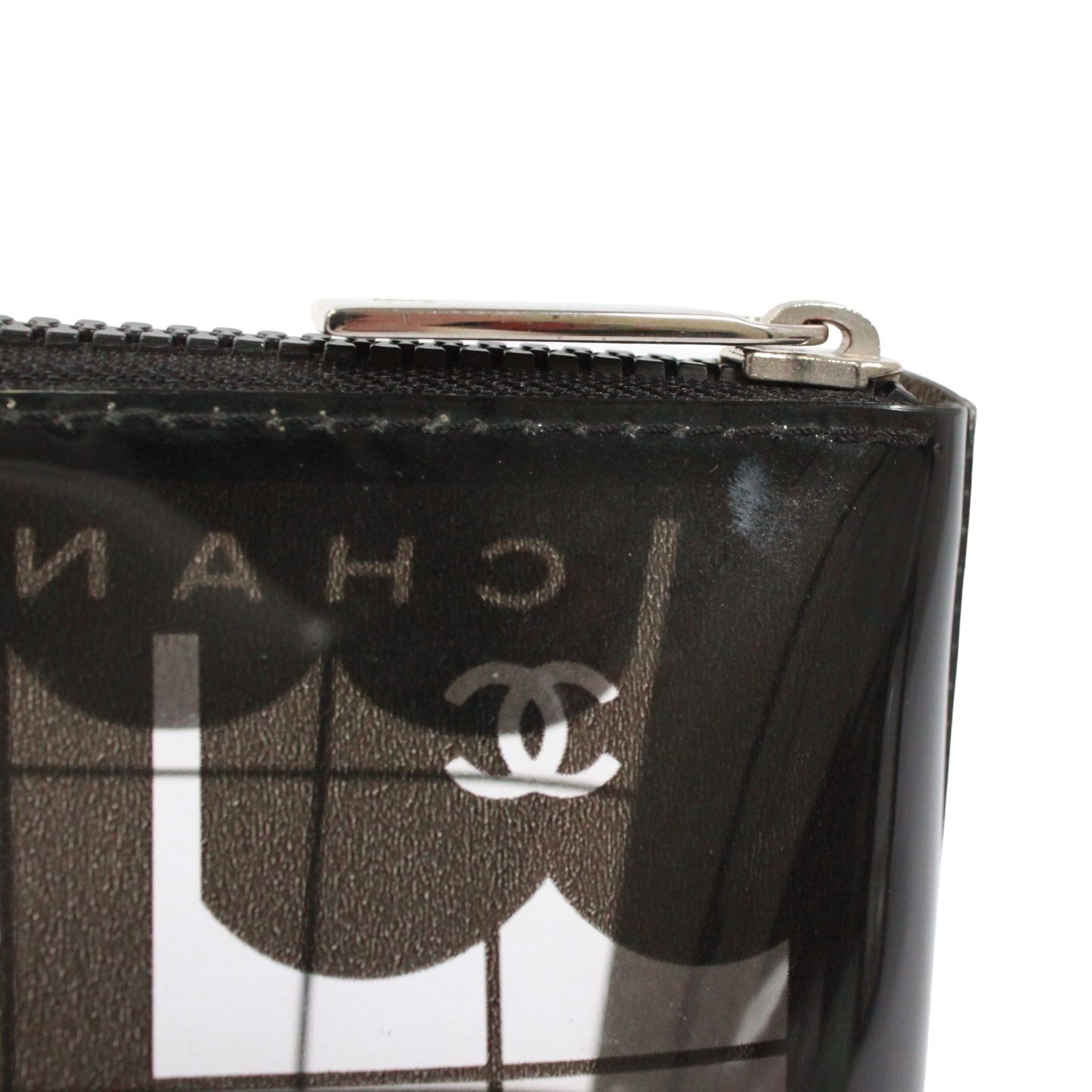CHANEL Window Line Pouch PVC Clear Black Silver Zipper 7.48 x 3.94 in Japan Auth