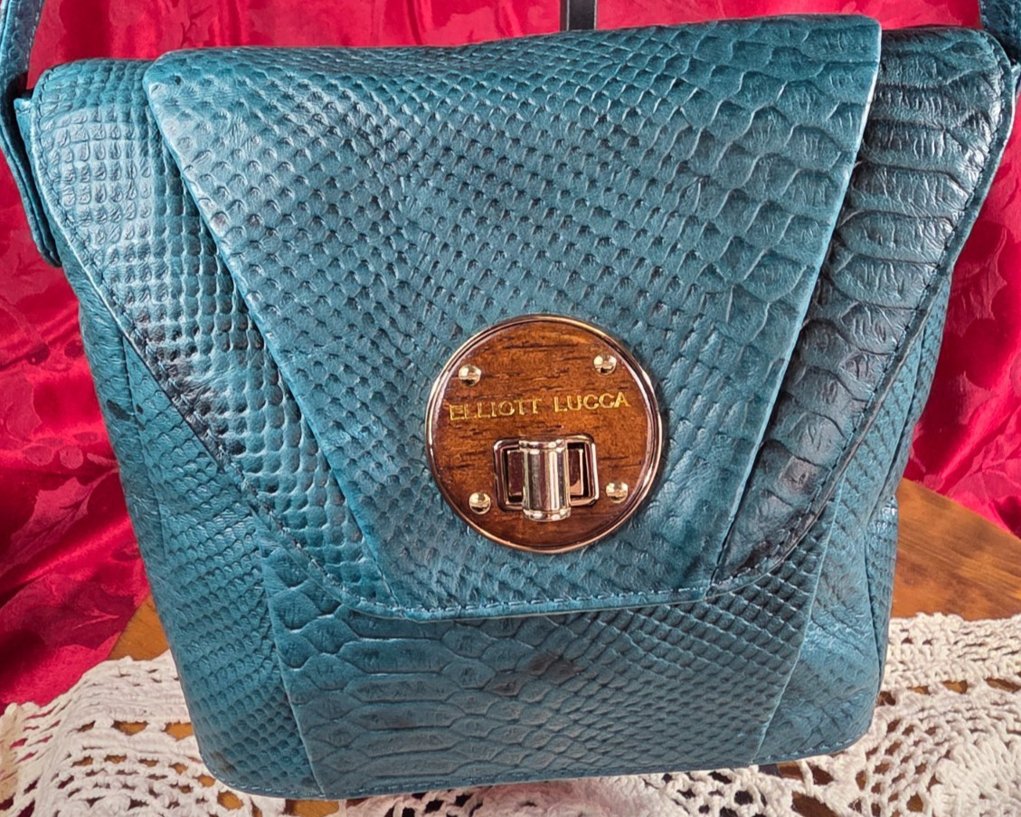Elliott Lucca Alligator pressed leather bag Teal green Adjustable strap to 24″
