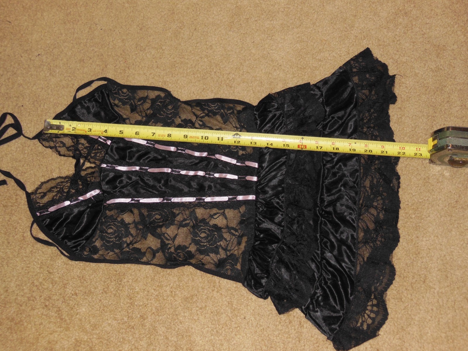 Black Lace Babydoll Lingerie Set Pink Ribbon Ruffle Chemise Dress Size M
