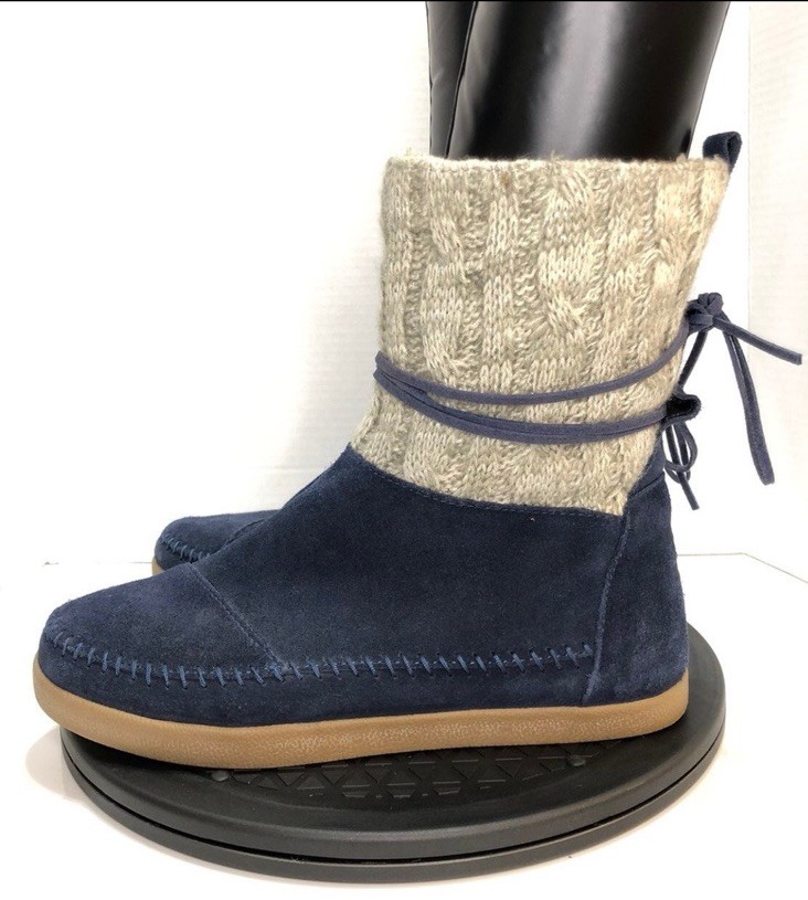 Toms Nepal Boot Women’s Knit Booties Suede Blue Gray Cozy Lined Size 7.5