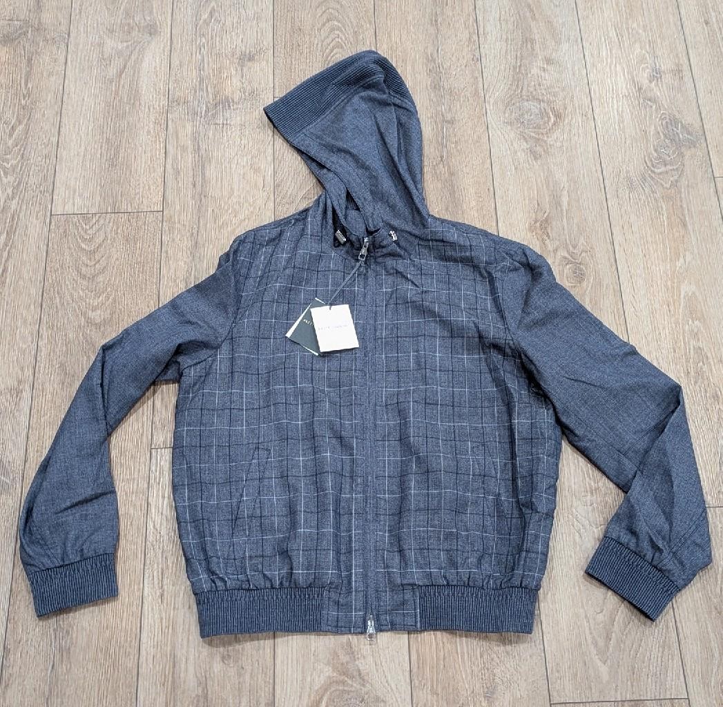 $1990 Mens Brett Johnson Virgin Wool Check Windbreaker Jacket Navy 52 US 42