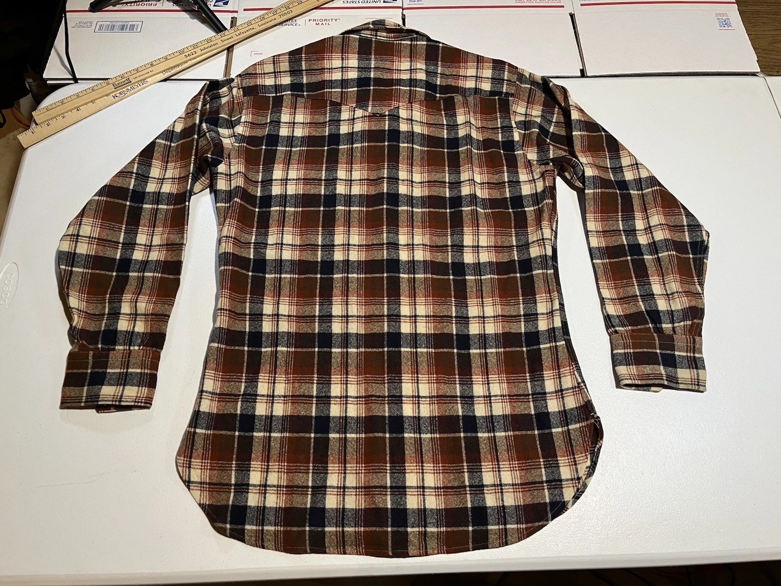 vtg Pendleton Wool Pearl Snap Plaid Western Shirt Mens M Brown Blue Tan Flannel