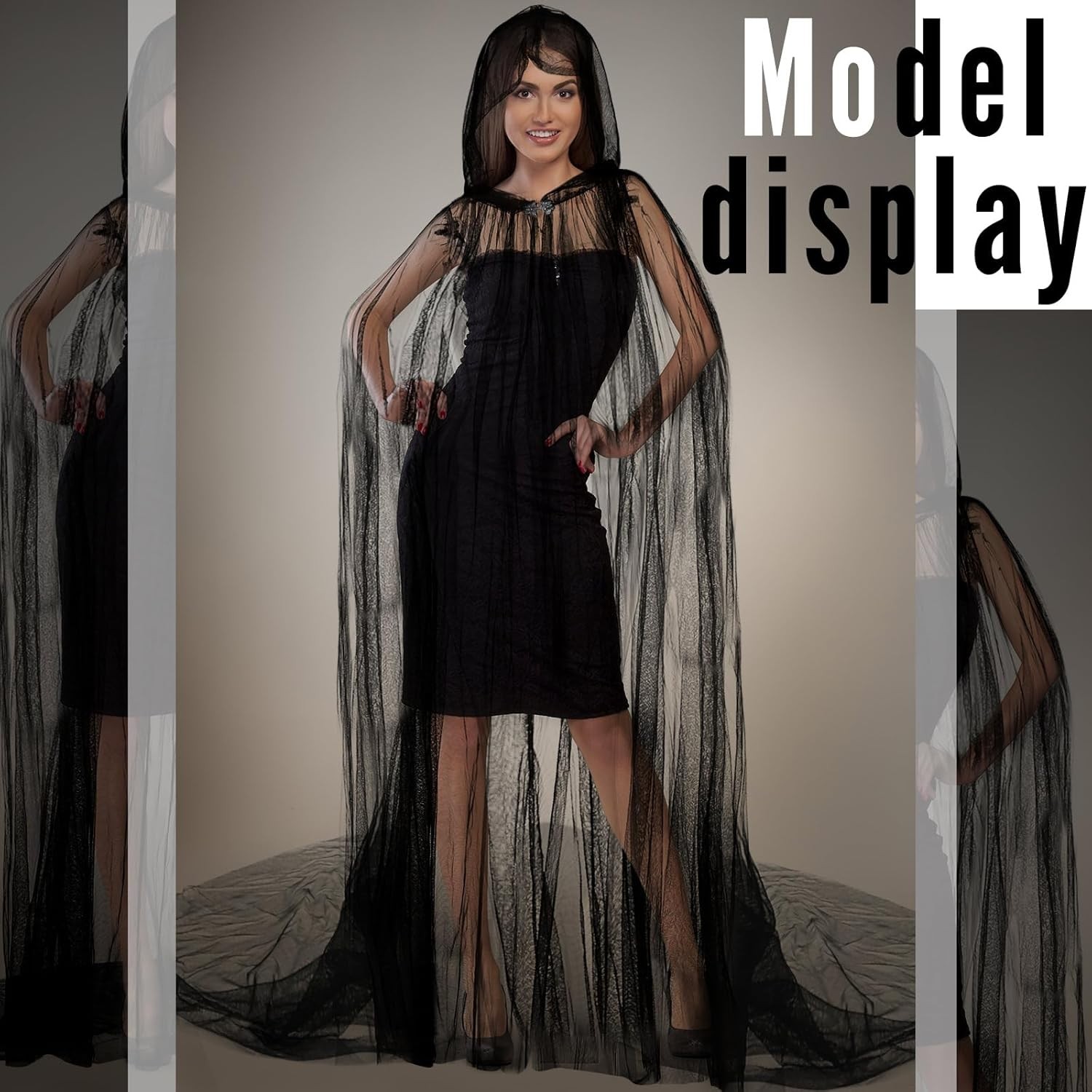 Halloween Lace Cape Hooded Cloak Gothic Witch Full Length Sheer Cape Adult