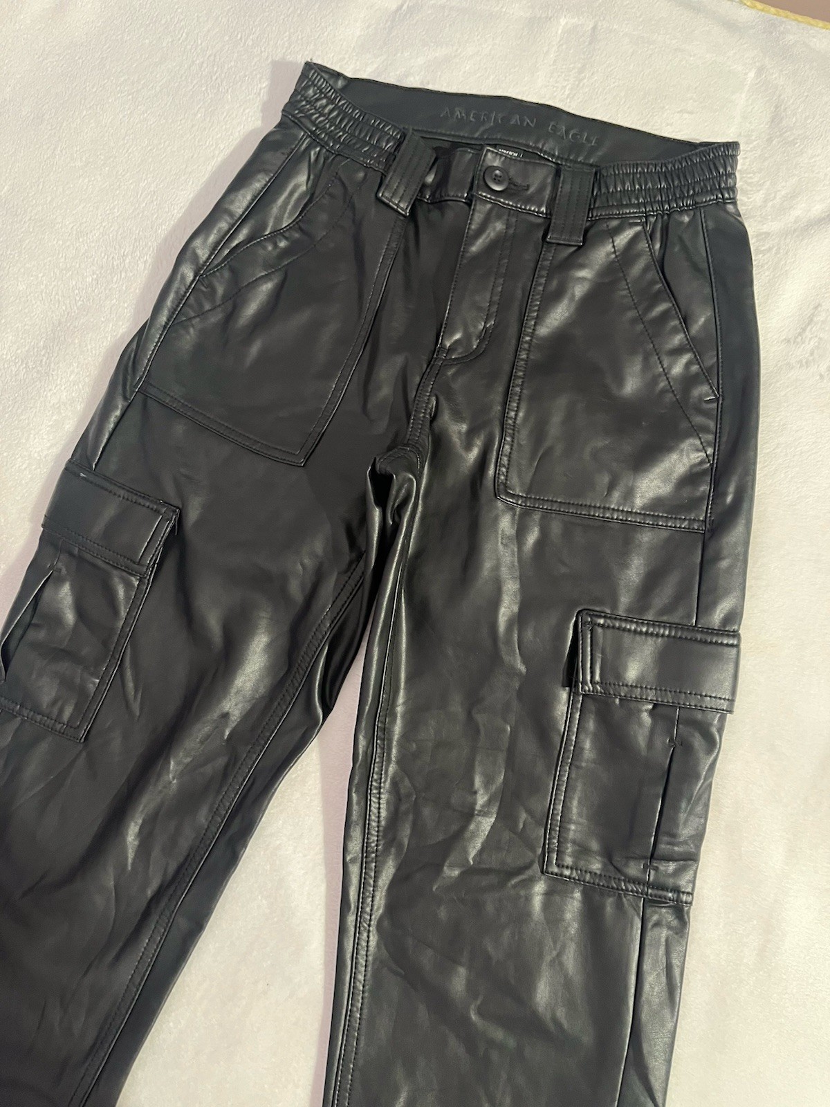 American Eagle Outfitters Black Faux Leather High Rise Cargo Pants Tapered