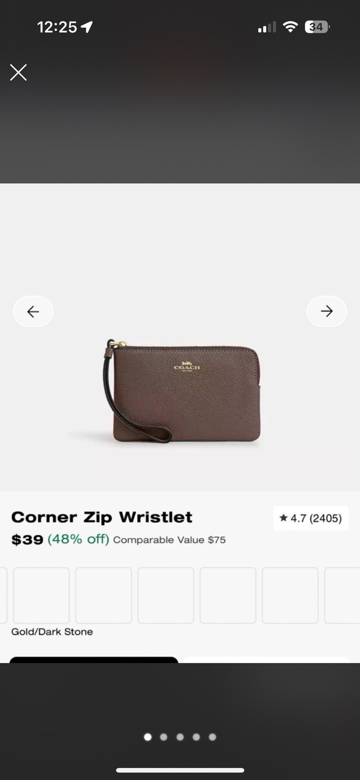 Coach Corner Zip Wristlet Small Brown Pebbled Finish Gold Hardware Logo