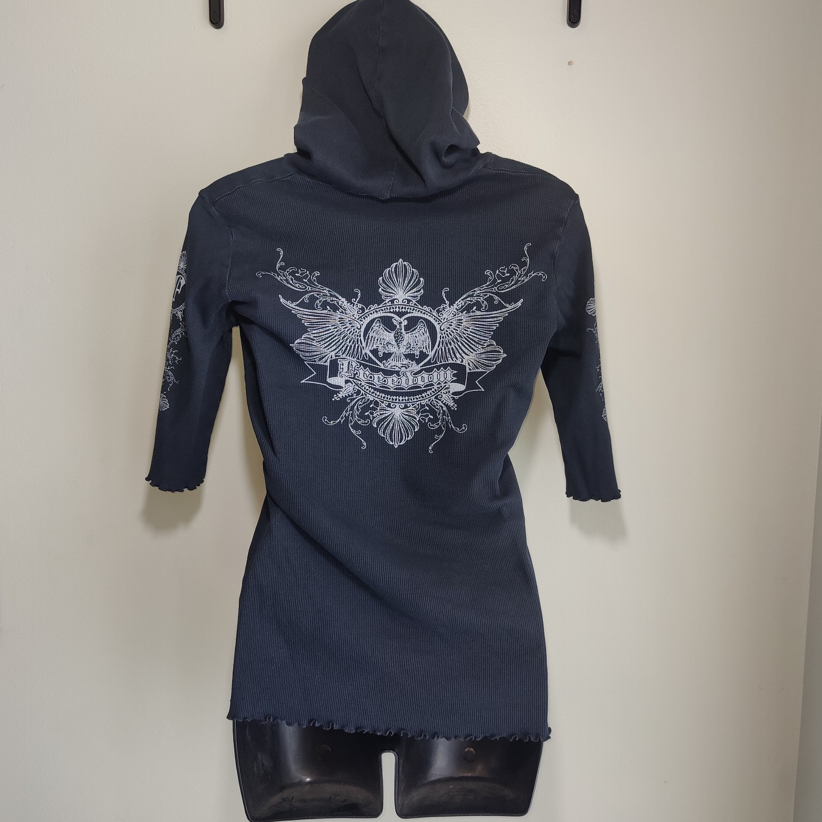 Vintage Freedom Hooded Tshirt Y2K 90s Rock Grunge Retro Rhinestone Biker Women L