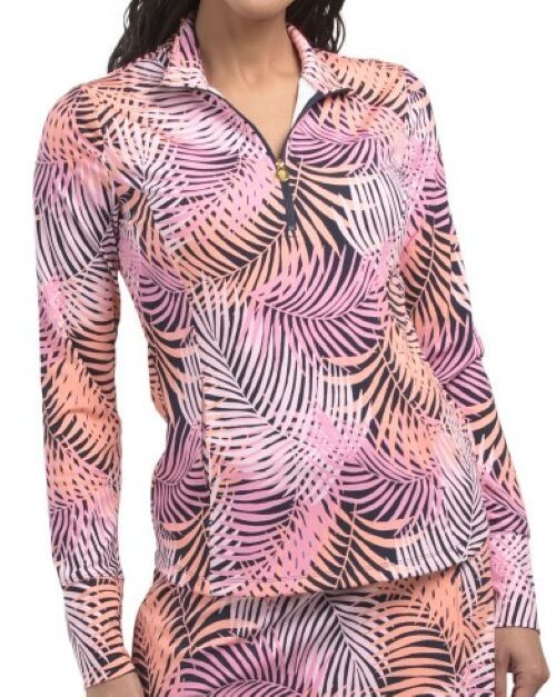 NWT TOMMY BAHAMA PINK CORAL NAVY TROPICAL LEAVES Long Sleeve Golf Shirt L XL