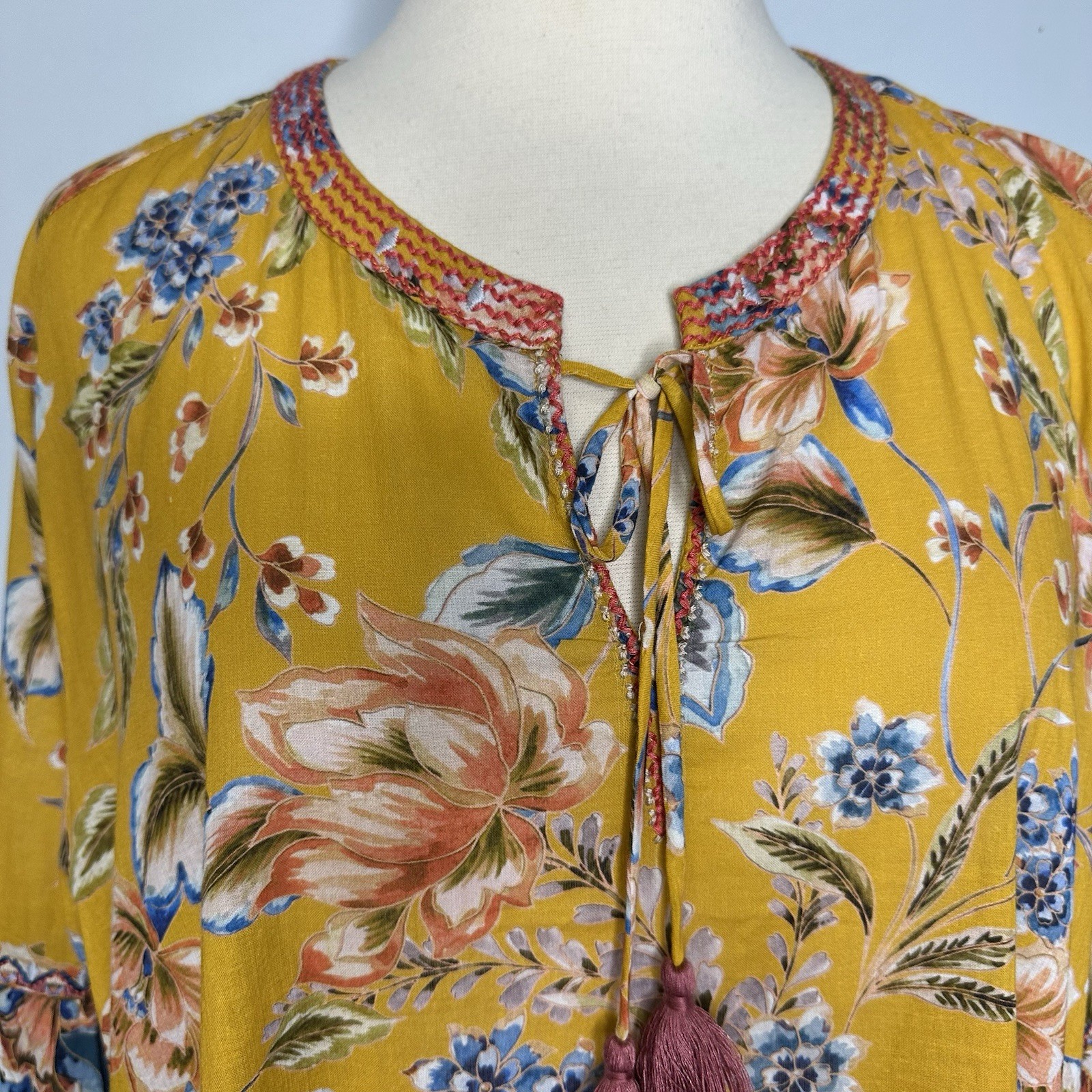 Johnny Was Effortless Peasant Blouse 100% Cotton Mustard Floral Multi Top L/XL
