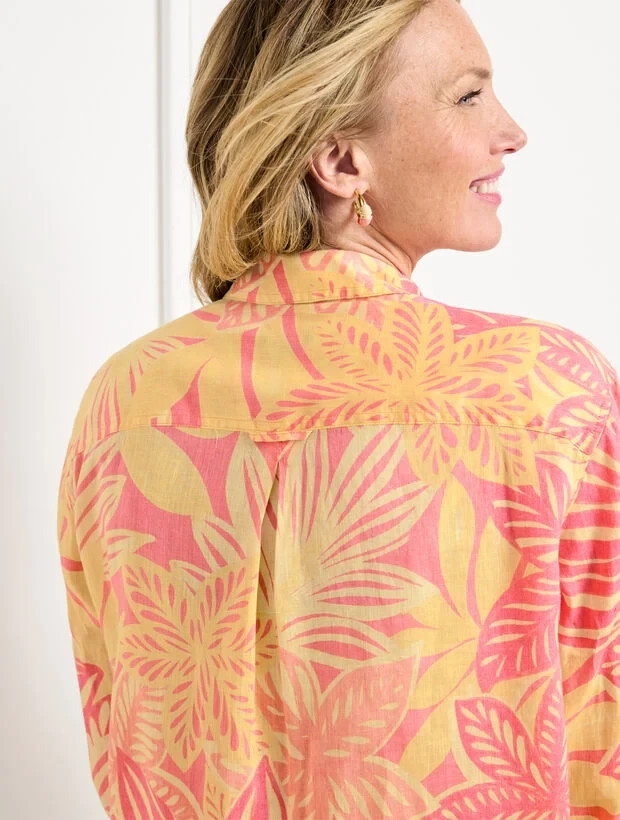 NWT $109 TALBOTS PINK/YELLOW LINEN WATERCOLOR BOTANICAL SHORT SHIRT BLOUSE 1X
