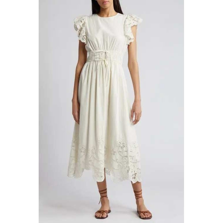 CLEOBELLA Allegra Drawstring Waist Ivory Organic Cotton Eyelet Midi Dress S NWT