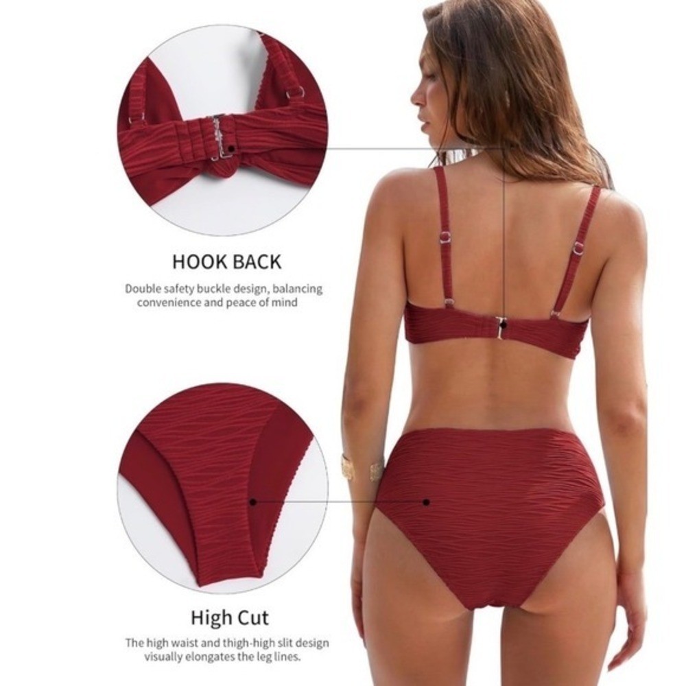 ZAFUL Wine Red V Neck Knot Front Push Up Bikini High Cut Cheeky Set Small
