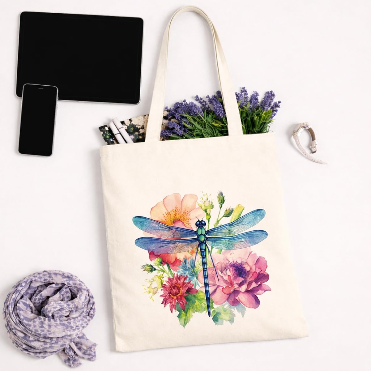 LMMHIOPI Dragonfly Tote Bag for Women, Reusable Canvas Medium,