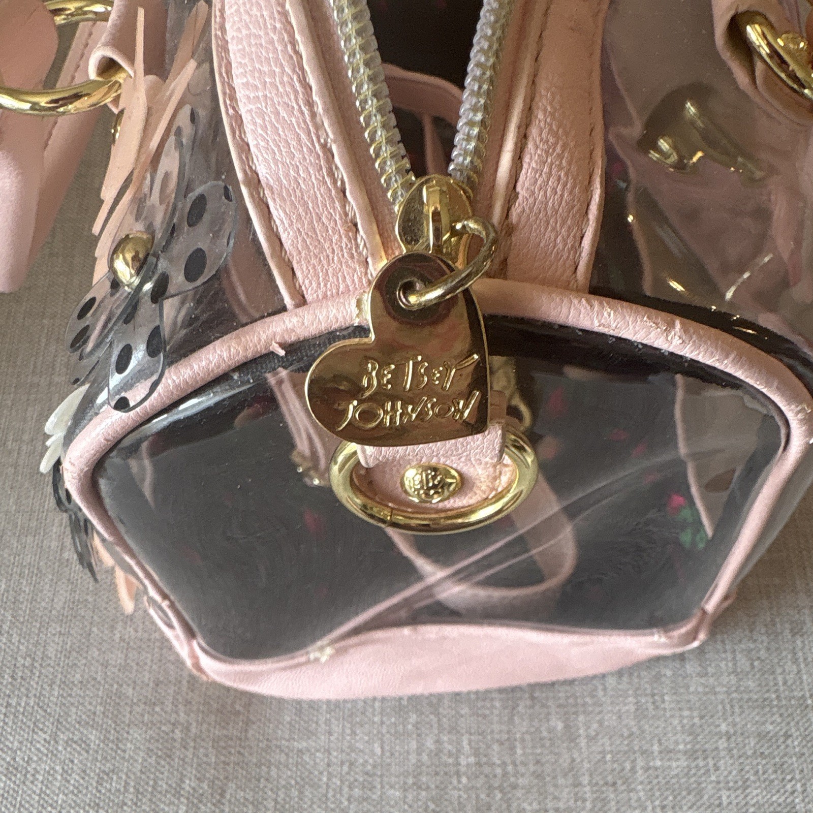 Betsey Johnson Clear Pink Floral Sequin 3D Flower Satchel Top Handle Det Strap
