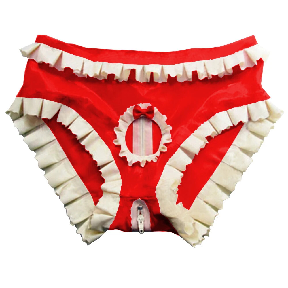 Men’s Panties Wet Look PVC Leather Zipper Ruffled Cute Bowknot Briefs with Holes