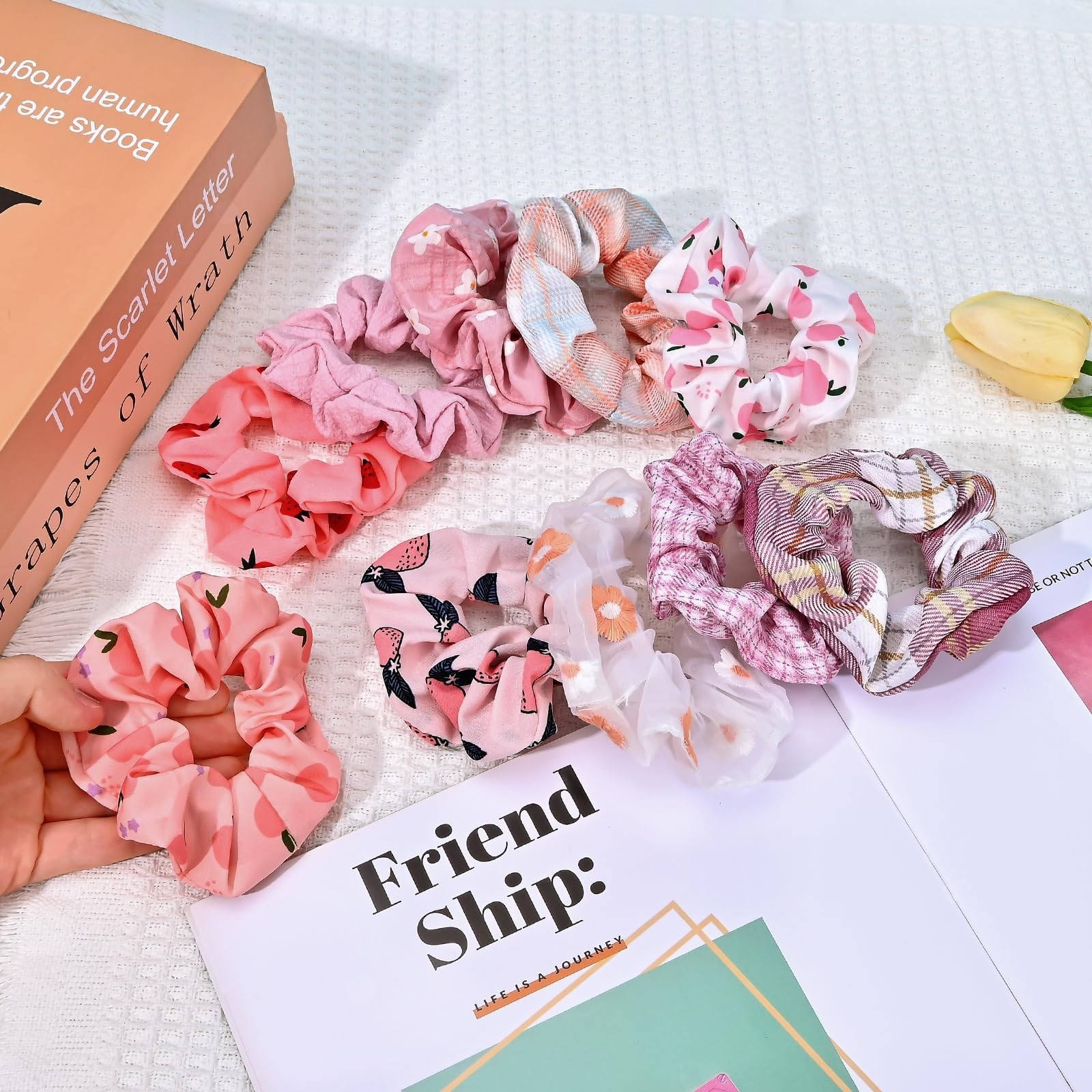 10-Piece Flower Fruits Solid Colorful Scrunchies for Women Girls, No Damage E…