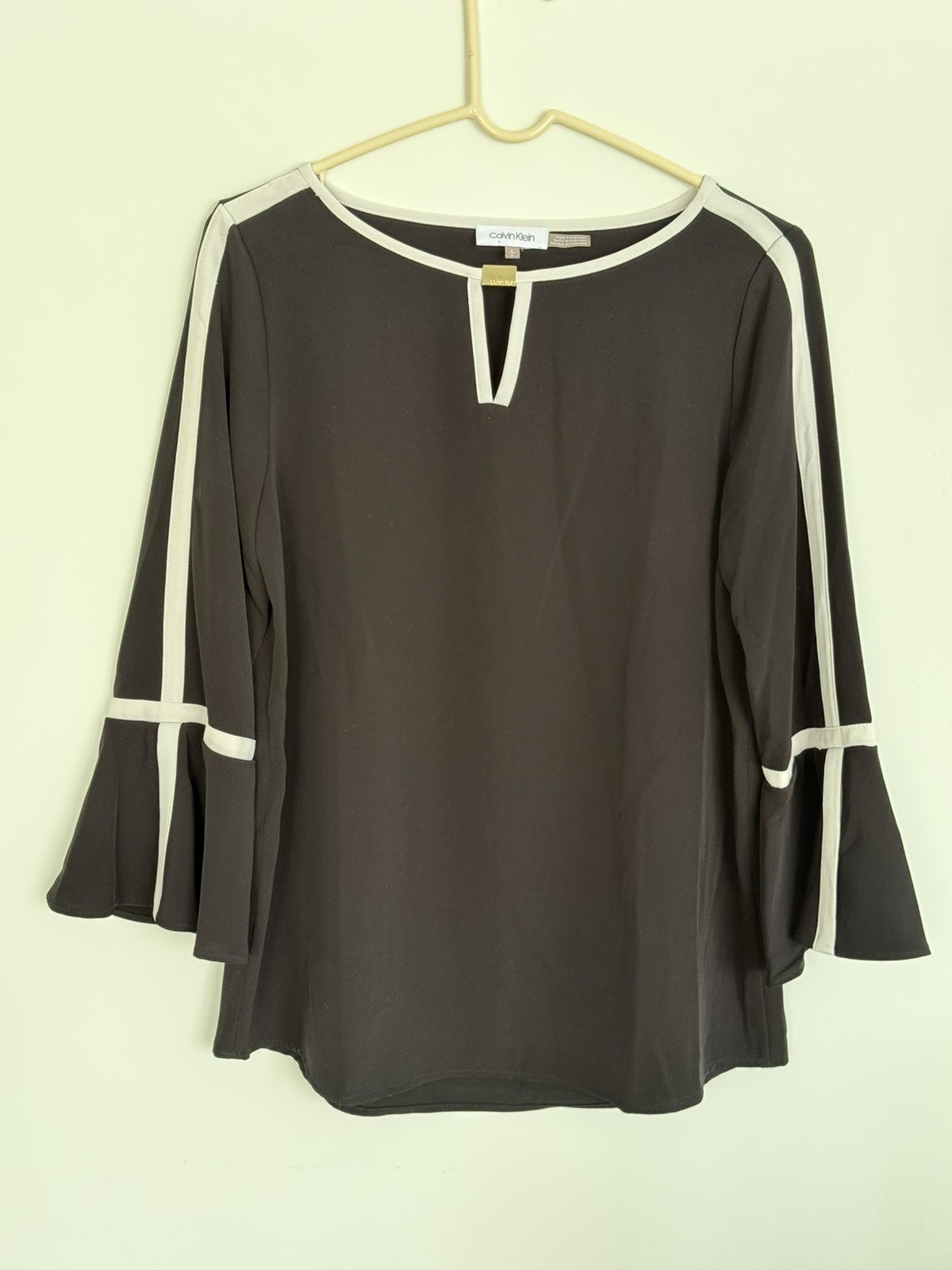 Calvin Klein Black Bell Sleeve Blouse with White Contrast Trim – Size S