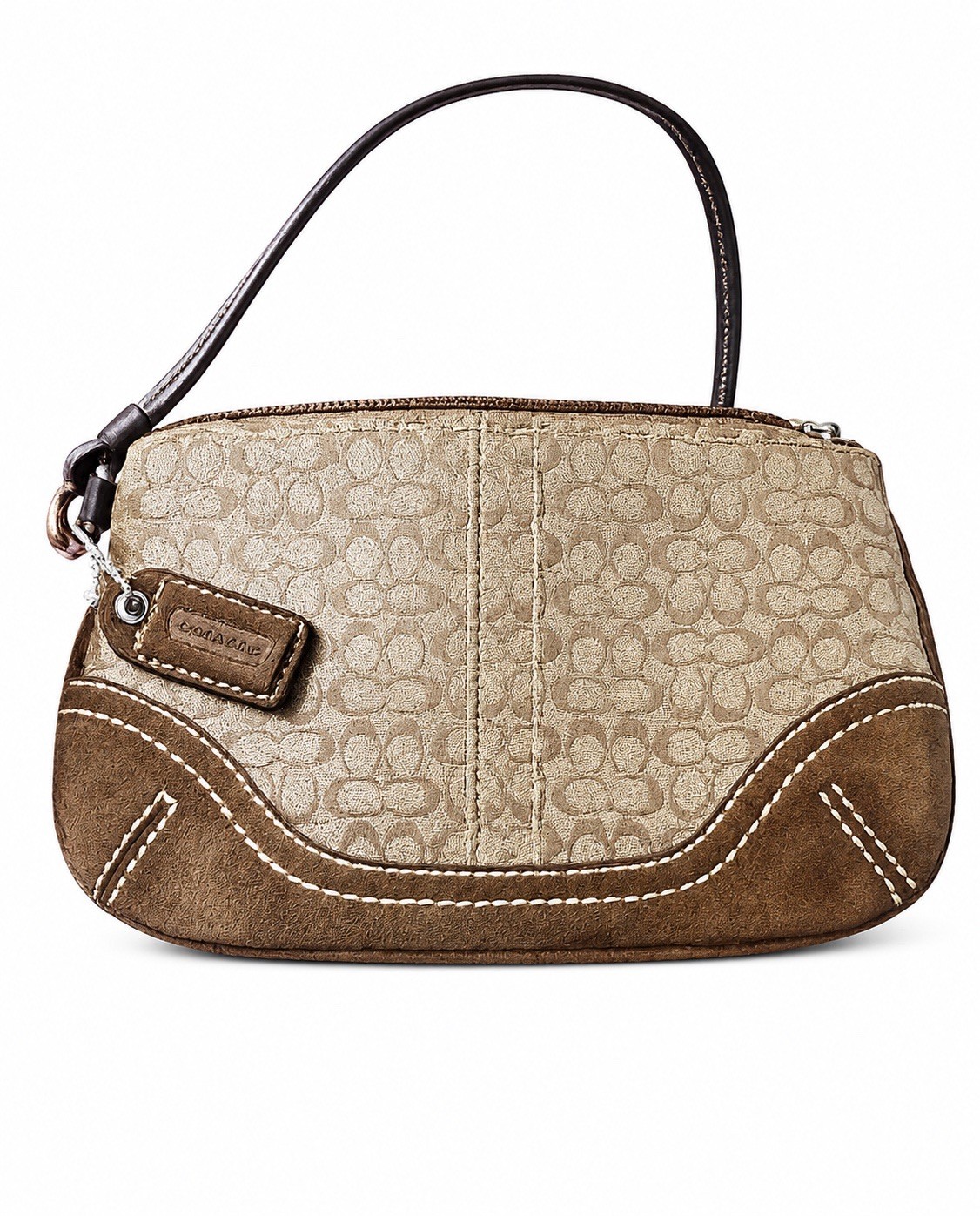 Coach Signature Logo Zip Wristlet Pouch Beige/Brown Inner Pockets Silver