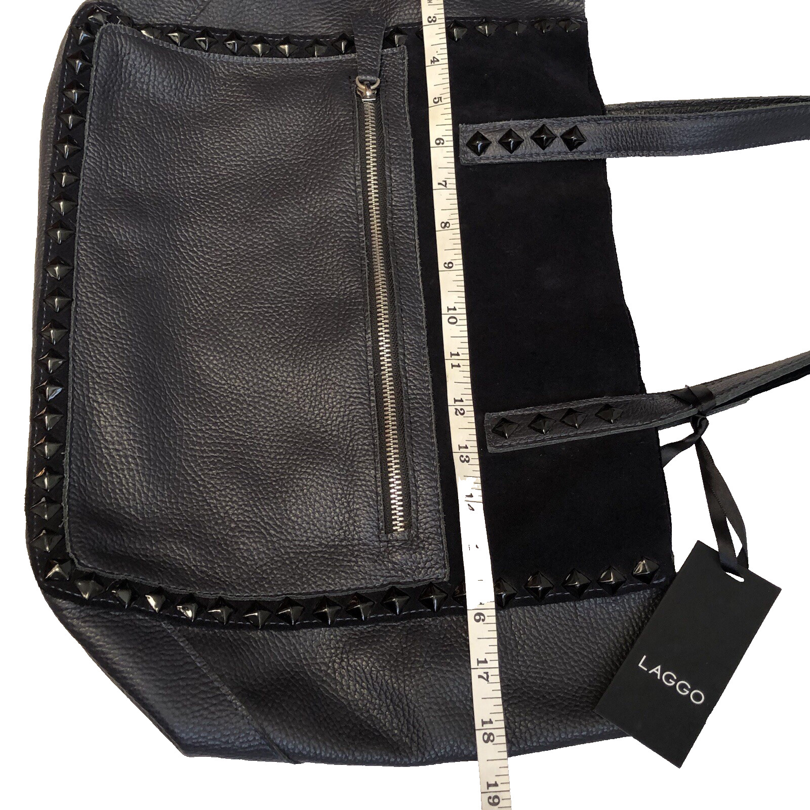 Laggo Miley Navy SDE Suede Leather Tote Bag Pyramid Studs 18.5 x 11.5 x 5 inches