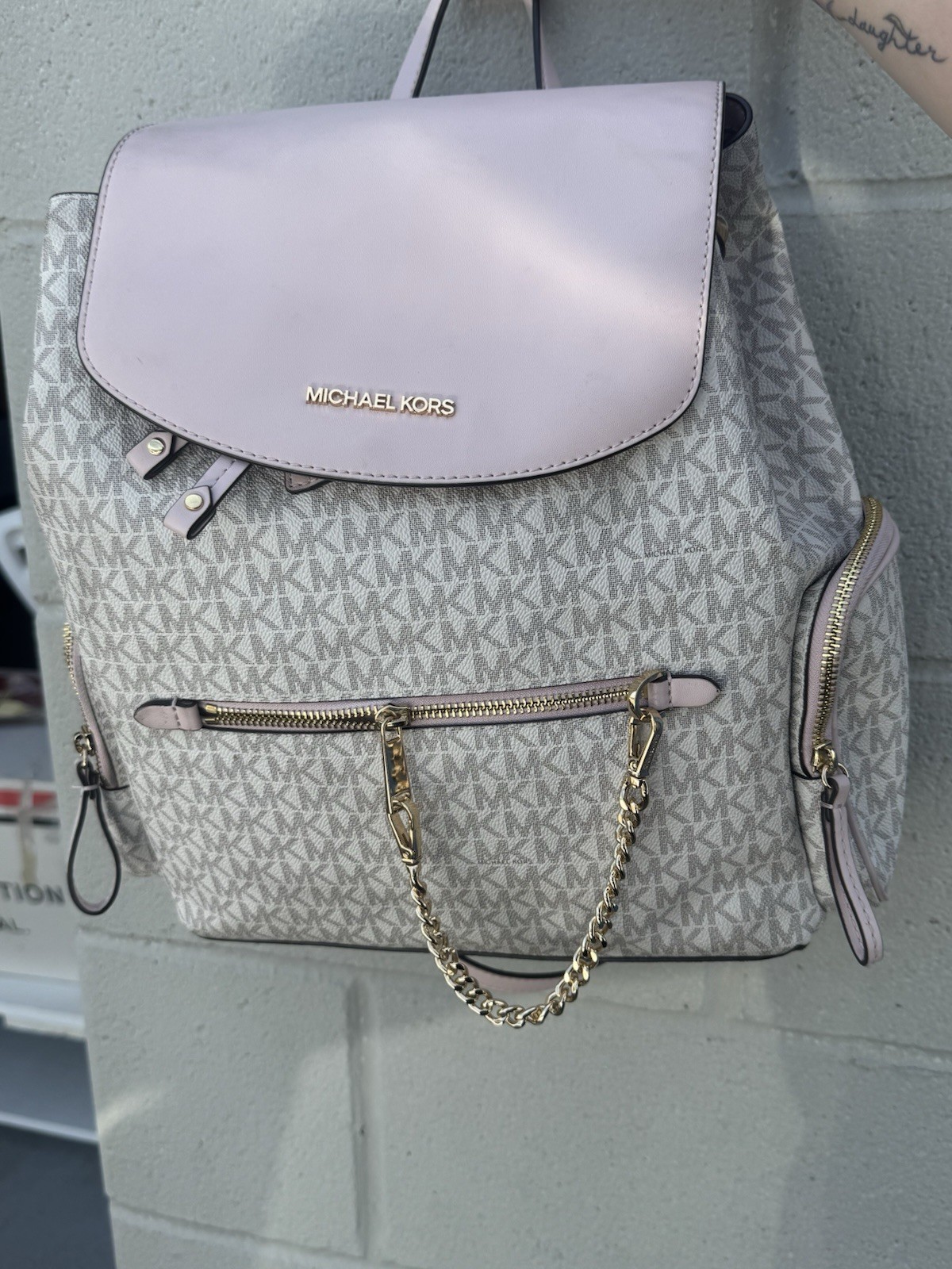 Michael Kors Logo Pattern Backpack Gray/Pink Gold Hardware Drawstring Pockets