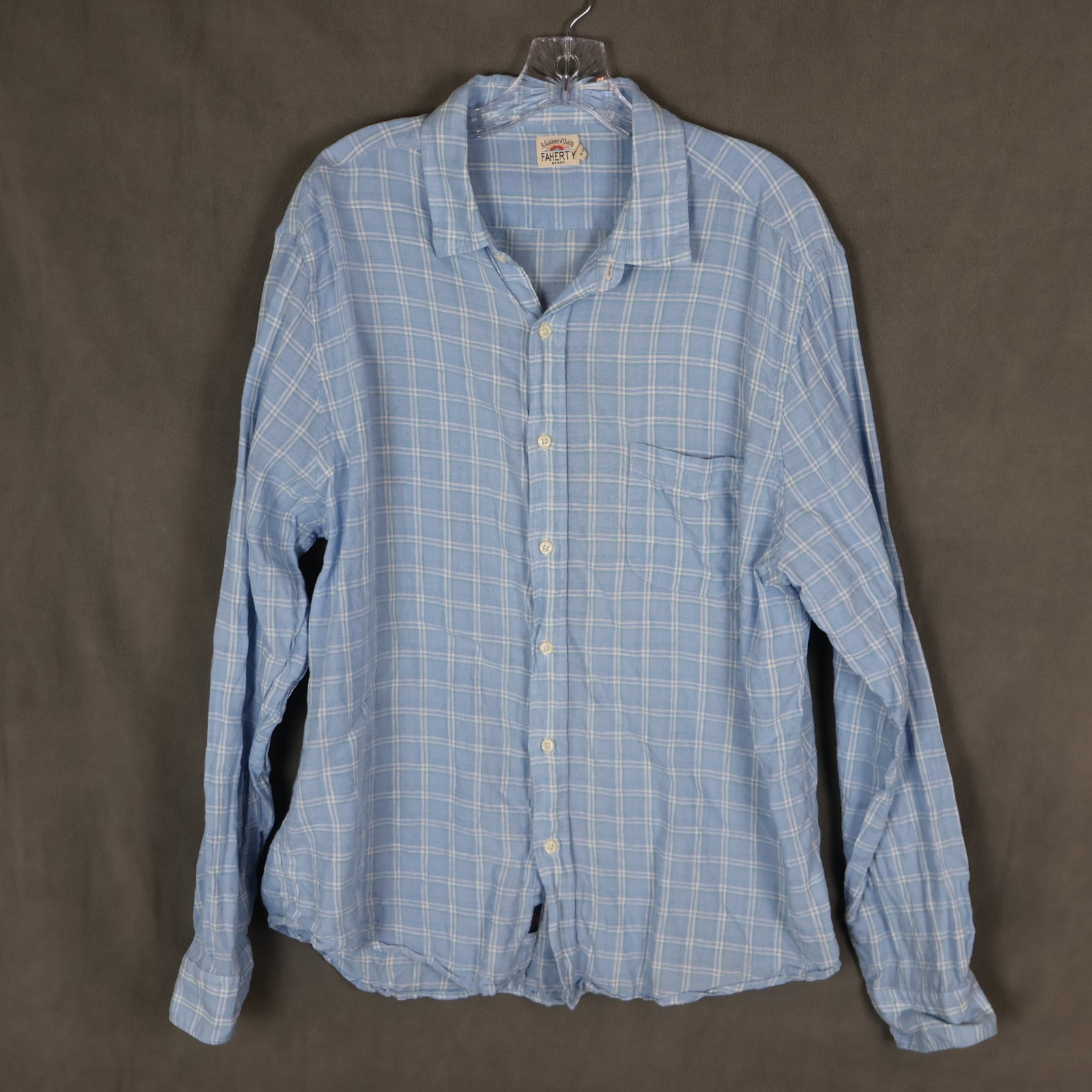 Faherty Shirt Mens XL Blue Laguna Linen Windowpane Plaid Lightweight Button Up