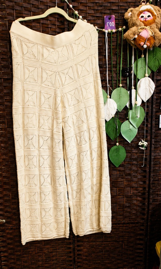 Cream Crochet Knit Wide-Leg Pants – Boho Textured Pull-On Lounge Pants