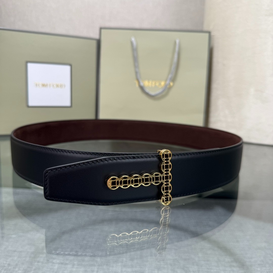 Authentic Tom Ford Men’s Reversible Calfskin Leather Black/Brown Belt T-Buckle