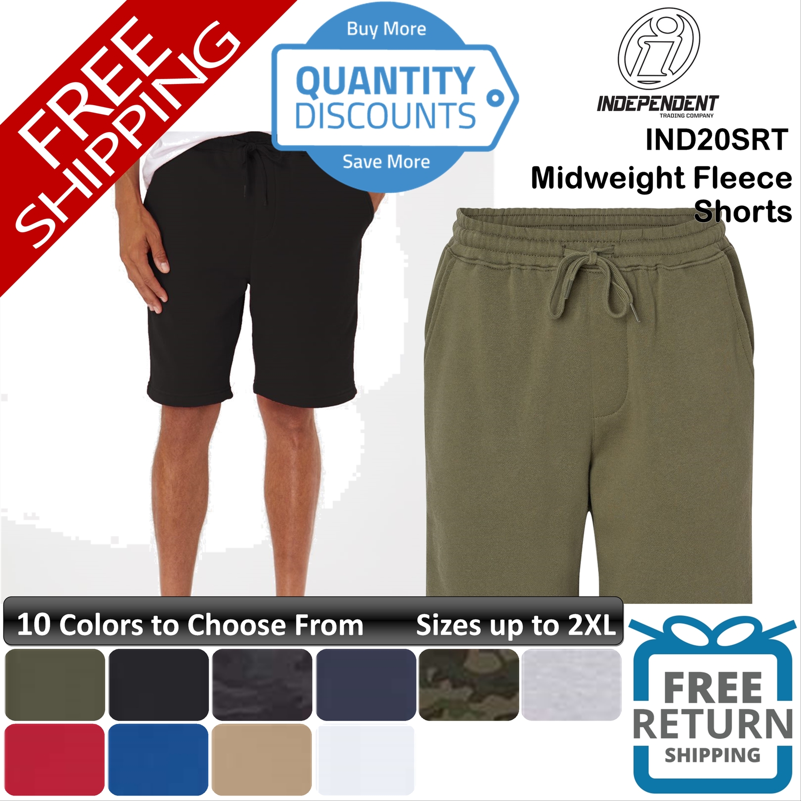 🔥 Independent Trading Co. Men Midweight Fleece Shorts Up To 2XL Ind20srt