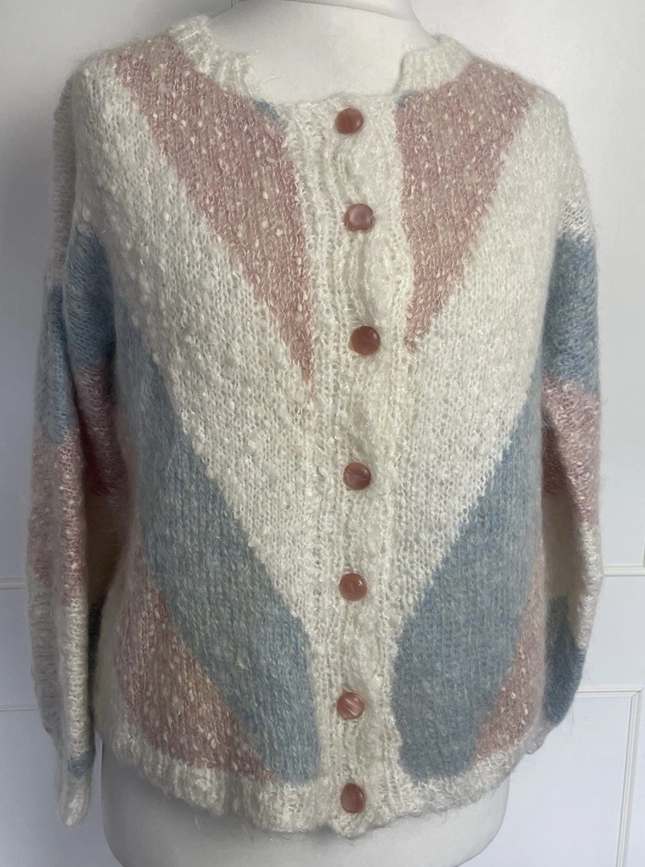 Hand Knitted Women’s Cardigan Size UK 12 Ivory Pink Blue Cottagecore Knit