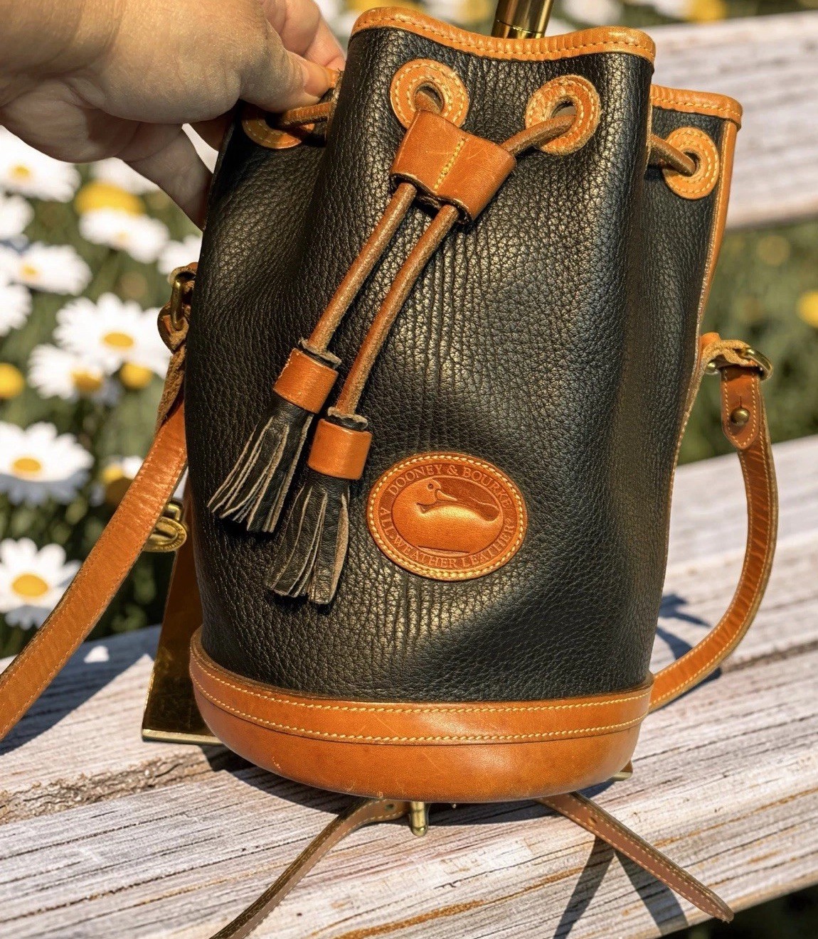 Dooney Bourke Vintage Black Small Drawstring Bucket Shoulder Bag Leather Retro