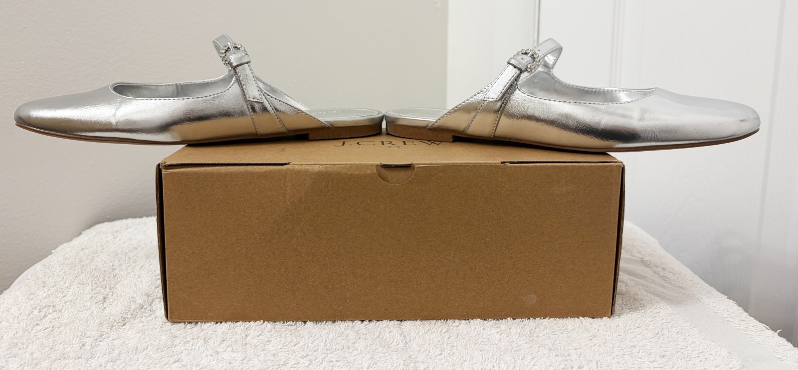 JCREW Mary Jane Mules -EXCELLENT COND!- Women Sz 8 Silver with Rhinestone Buckle