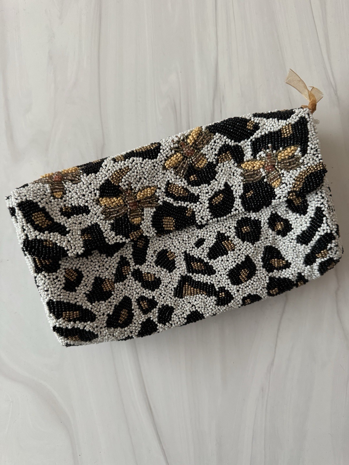 Made in India Beaded Leopard & Bee Design Gold Chain Crossbody Purse Bag Viral