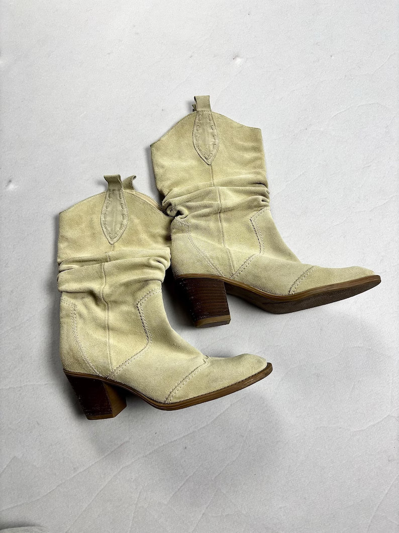 Vintage Style Suede Slouchy Ankle Boots Western Block Heel Bootiees Boho Cowgirl