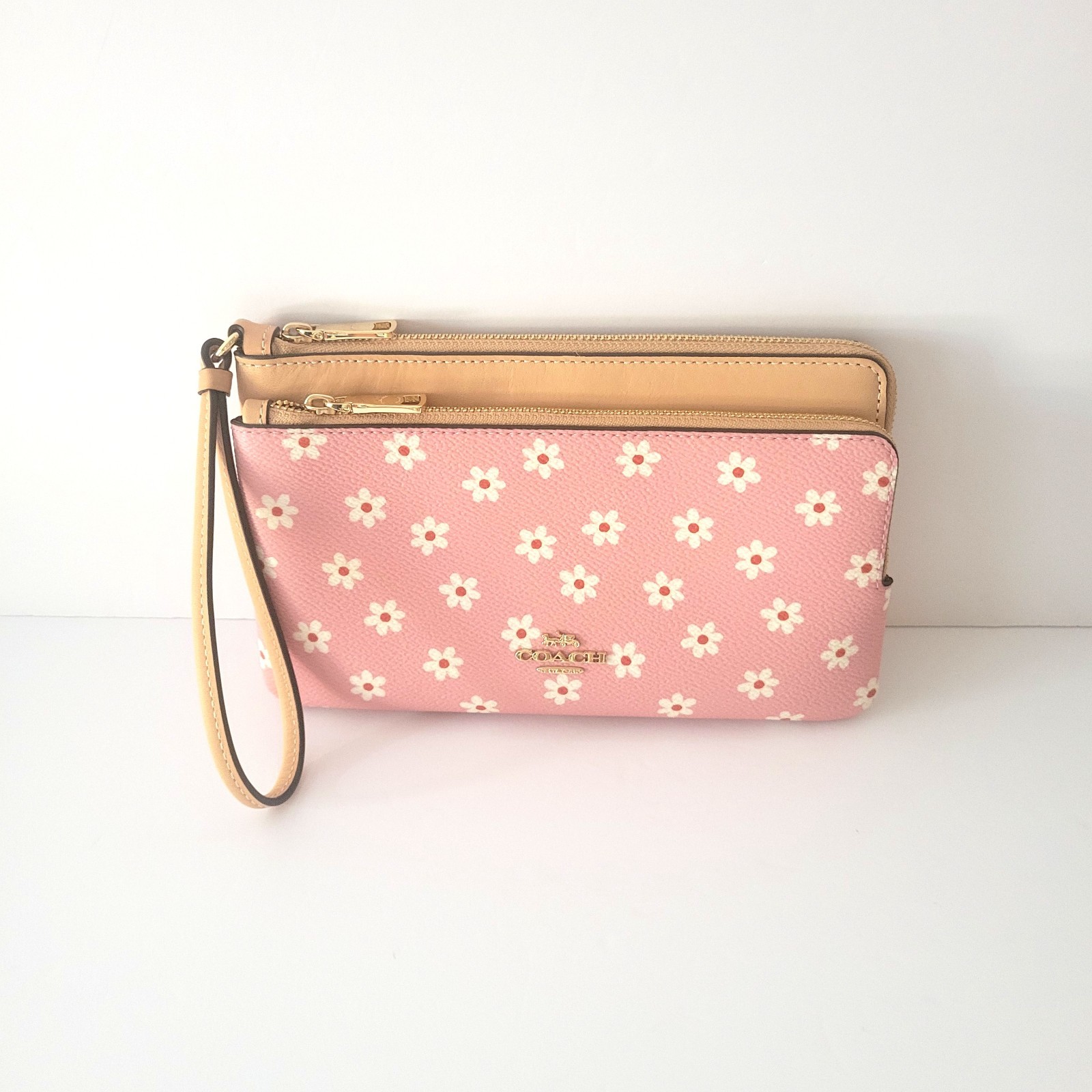 Coach CEY48 Double Zip Wallet Floral Coated Canvas Leather Wristlet Pink Clutch