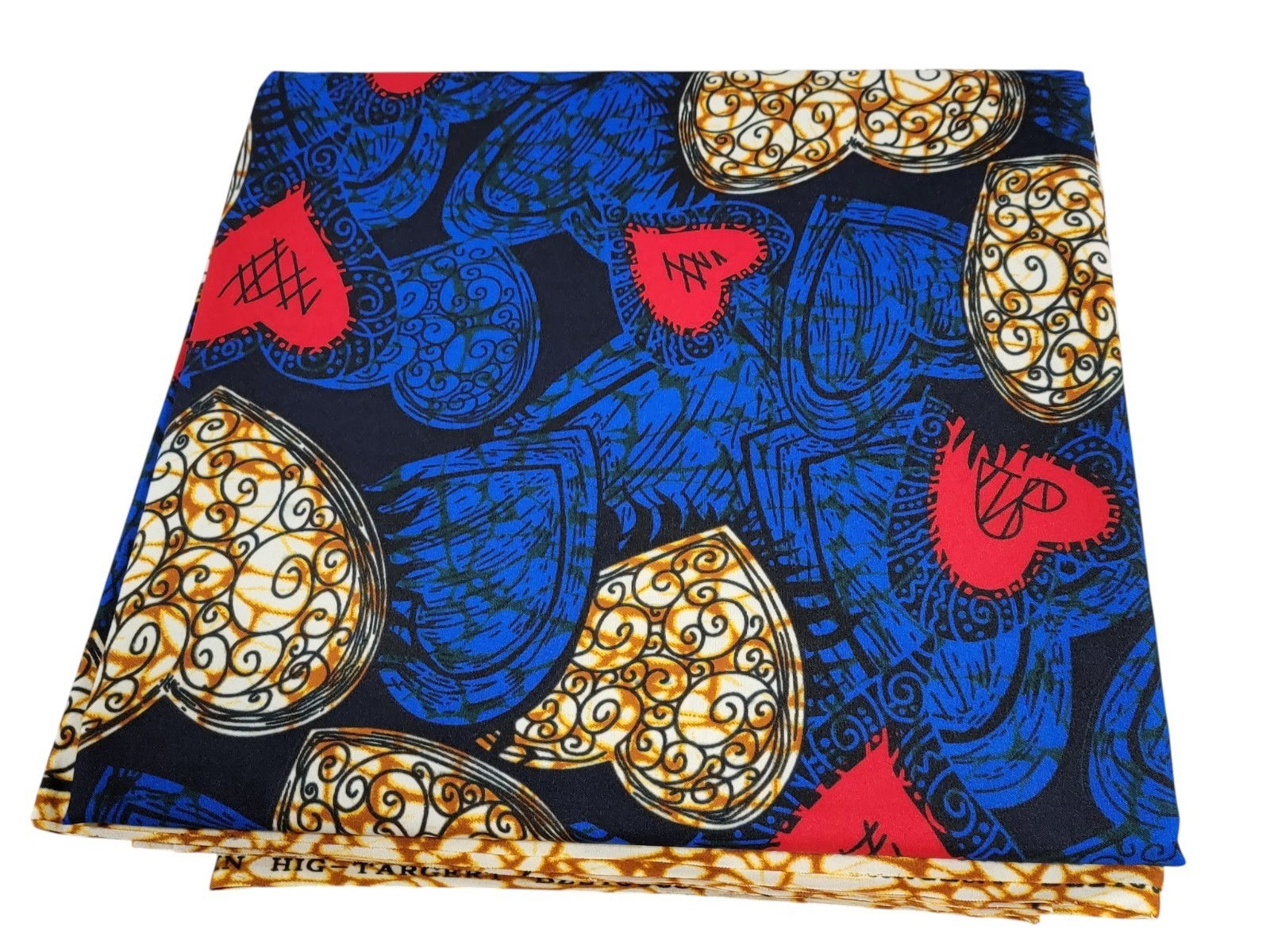 African Print Heart Fabric Blue Red Gold Ankara Style Head Wrap Scarf
